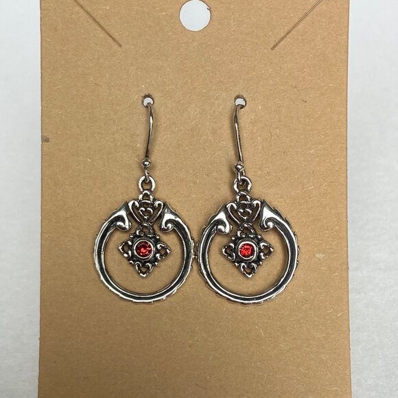 Sterling Silver 925 SX Thailand Garnet Scrollwork Dangle Drop Earrings - Picture 6 of 16